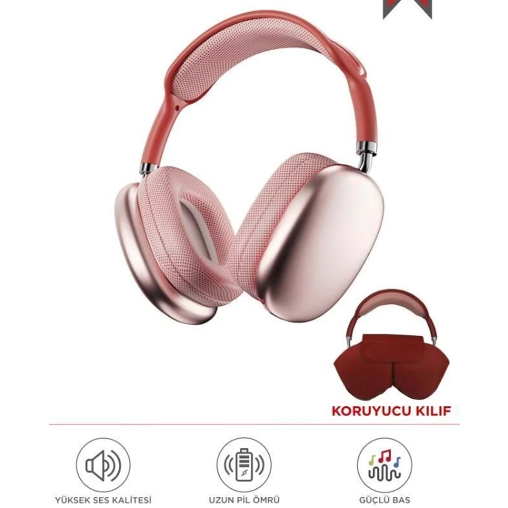 P9 Pro Max Pembe Kablosuz 5.0 Mikrofonlu Sd Kart Girişli Aux Kablolu Bluetooth Kulaklık Pembe