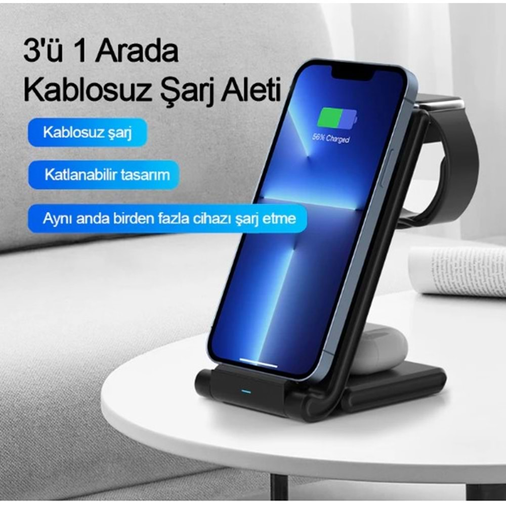 Atongm 15W 3in1 Kablosuz Masaüstü Şarj Dock Standı Universal Portable Wireless Charge Station