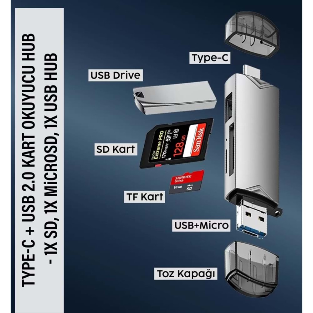 Type-C + Usb 2.0 Kart Okuyucu Hub - 1x SD, 1x MicroSD, 1x USB Hub