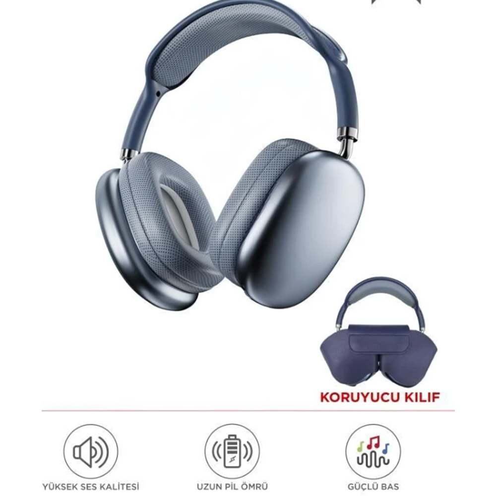P9 Pro Max Mavi Kablosuz 5.0 Mikrofonlu Sd Kart Girişli Aux Kablolu Bluetooth Kulaklık