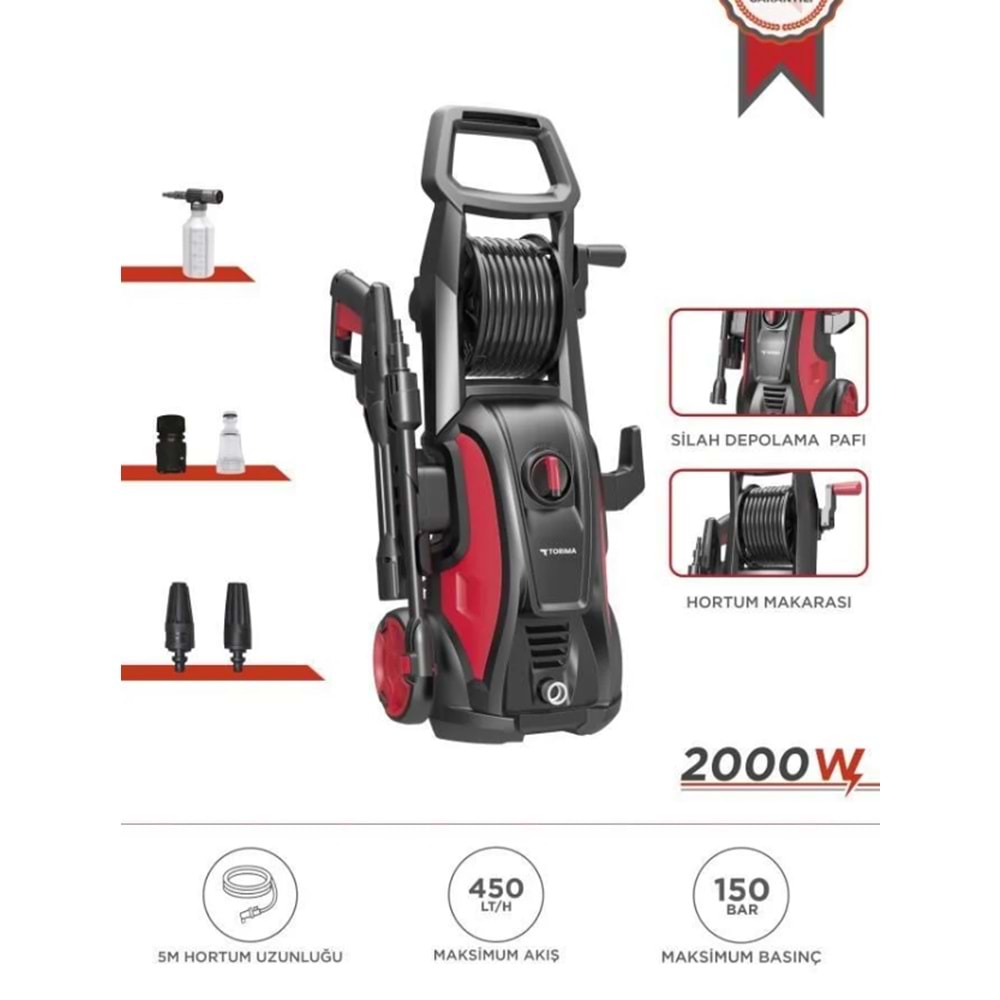 HPC-01 Yüksek Basınçlı Oto, Halı, Bahçe Temizleme ve Yıkama Makinesi – 2000W, 150 Bar