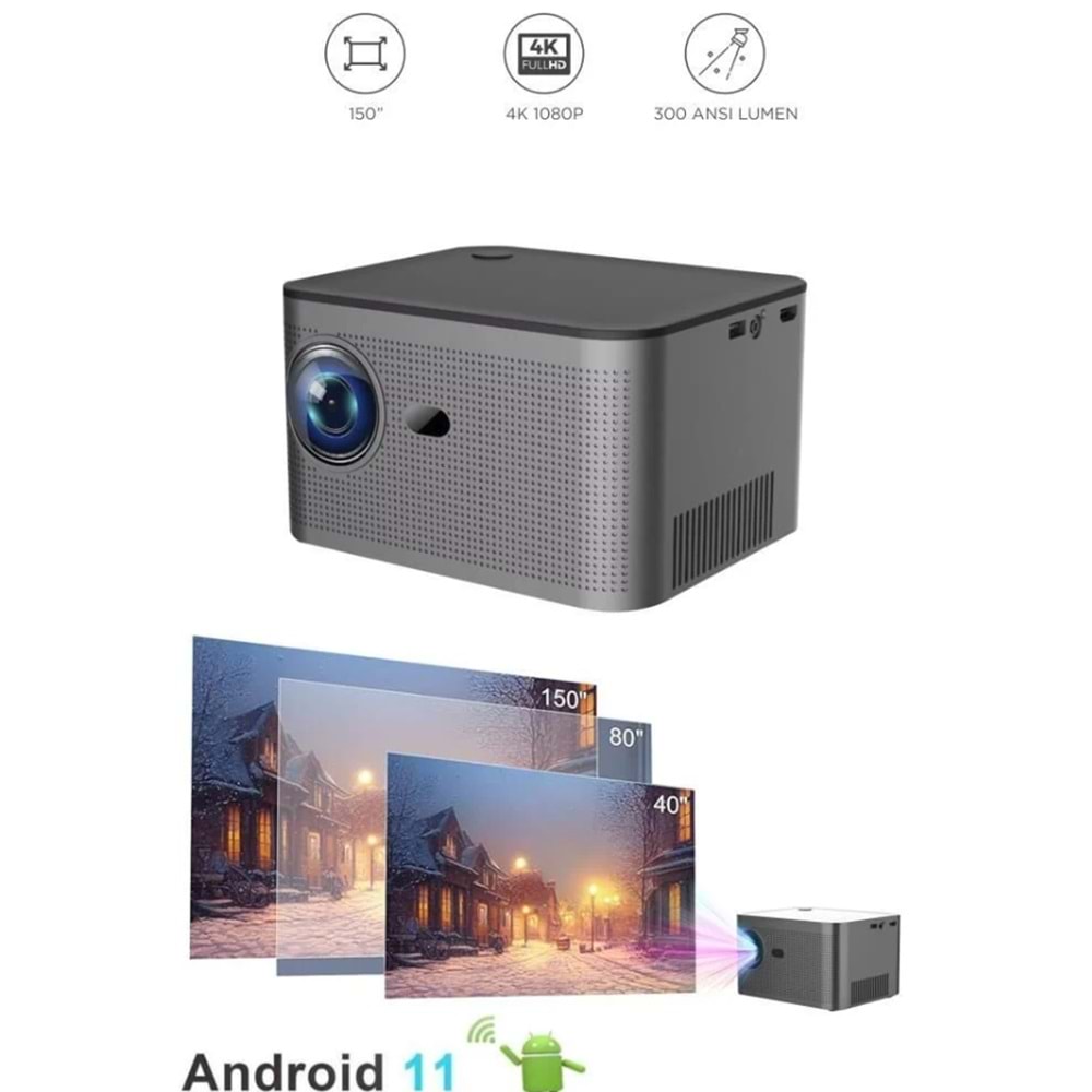 HY350 Gri Taşınabilir Sinema Projektörü 4K 1080P Ev Sineması Bluetooth Android Akıllı Projeksiyon Wifi