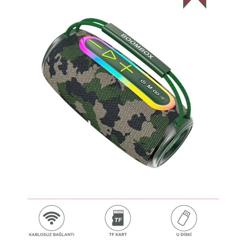 BOOMBOX680 Yeşil Kamuflaj IPX6 Kablosuz 30W Bluetooth Hoparlör Speaker