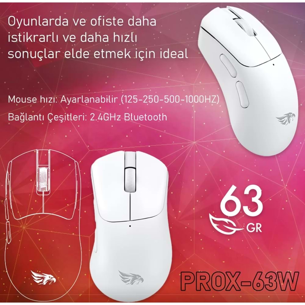 PROX-63W Ultra Hafif Kablosuz 3 Mode Oyuncu Gaming Optik Mouse (Beyaz)