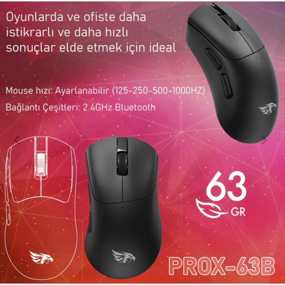 PROX-63W Ultra Hafif Kablosuz 3 Mode Oyuncu Gaming Optik Mouse (Siyah)