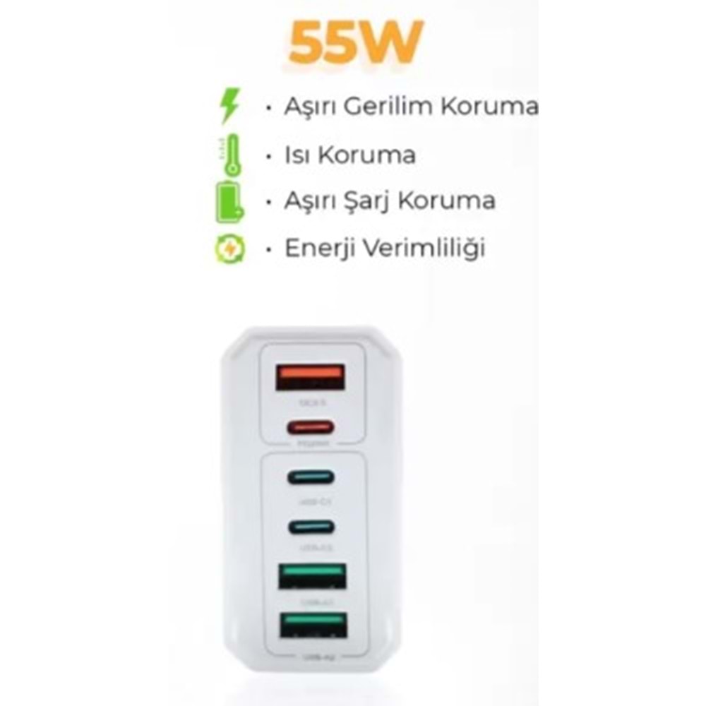 55W USB TypeC Hızlı Pd Gan Adaptör Beyaz Şarj Aleti Cihazı