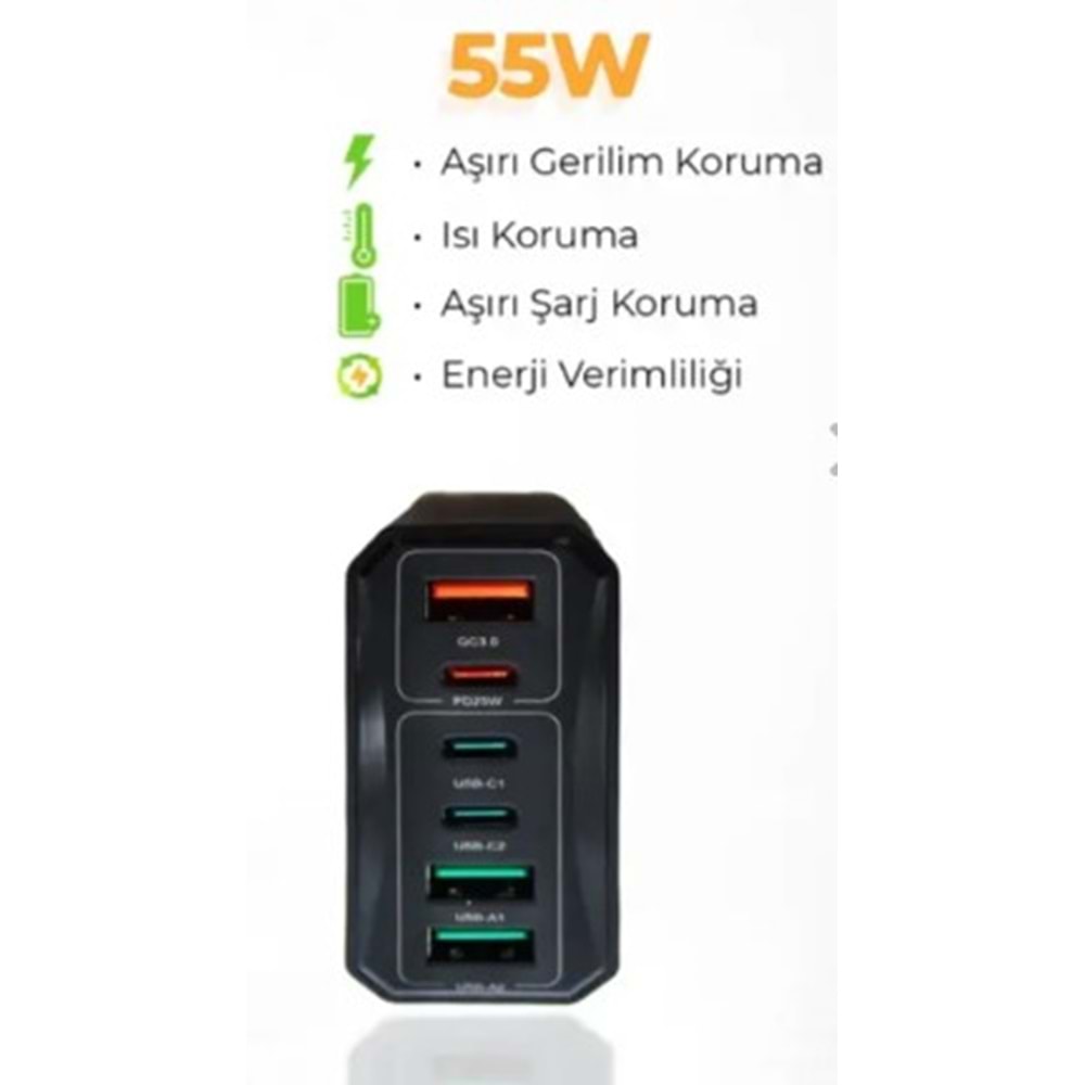 55W USB TypeC Hızlı Pd Gan Adaptör Siyah Şarj Aleti Cihazı