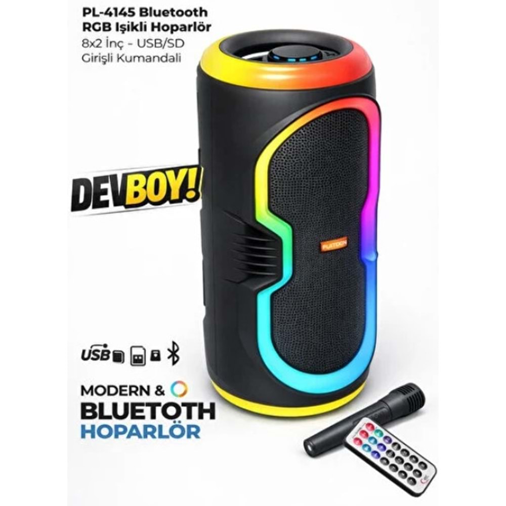Platoon PL-4145 BT USB SD AUX 16 İNÇ Mikrofonlu Anfi Yüksek SES Taşınabilir RGB Işıklı Hoparlör