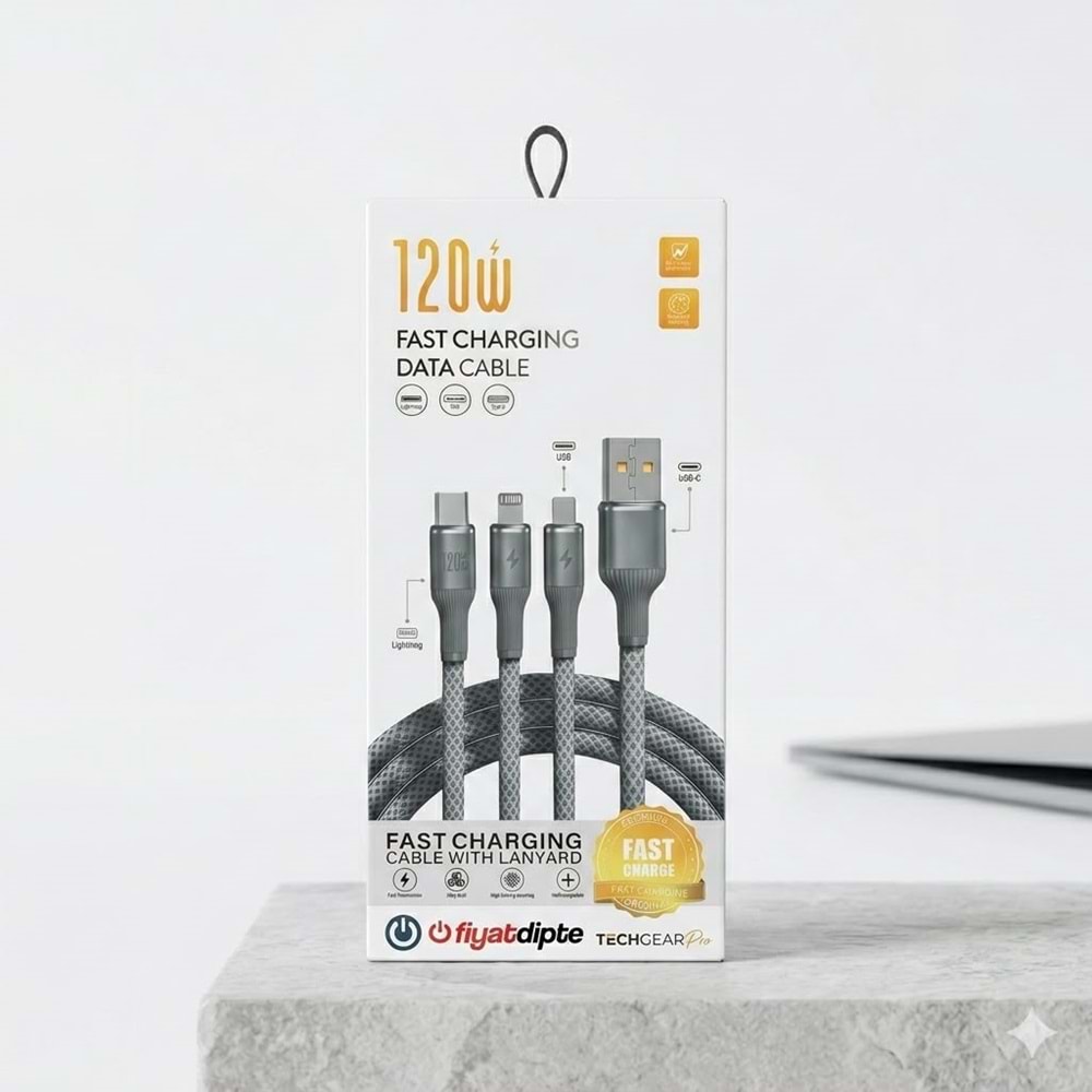 3in1 120W USB ŞARJ DATA KABLO TYPE C LIGHTING MICRO TELEFON ŞARJ KABLOSU 1.2 METRE