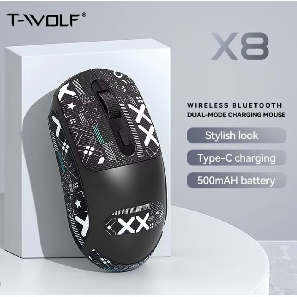 T-WOLF X8 KABLOSUZ + BLUETOOTH ŞARJLI SİYAH MOUSE ( STİCKERLI)