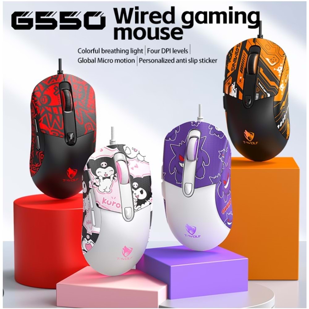 T-WOLF G550 KABLOLU MOUSE BEYAZ - SİYAH FARKLI STİCKER SEÇENEKLERİYLE
