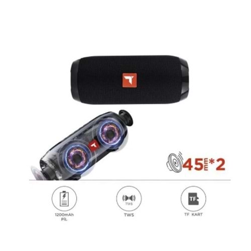 D47 Siyah Bluetooth Hoparlör Kablosuz Taşınabilir Ses Bombası TWS, USB, TF Kart, 1200 mah