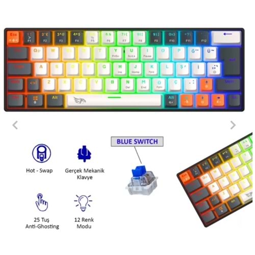 MK-64X2ABR Neopulse MK-64X2ABB Mekanik Işıklı Gamer Klavye Red Switch Beyaz tuş gri çerçeve
