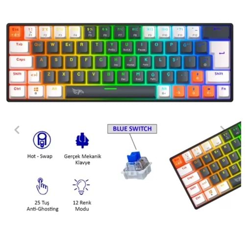 Neopulse MK-64X2BAB Mekanik Işıklı Gamer Klavye Blue Switch Siyah tuşlar siyah çerçeve