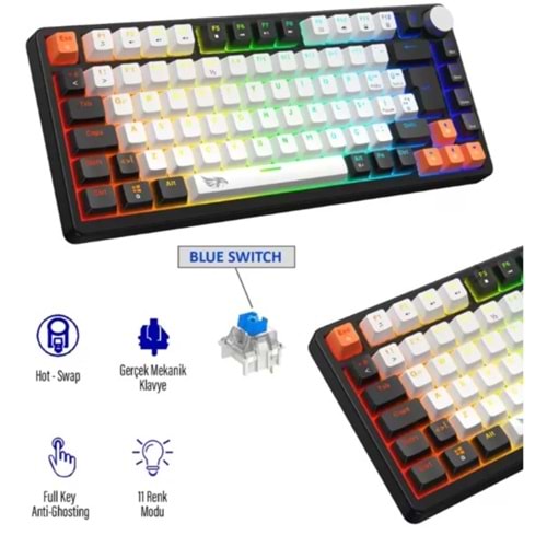 Strike Compact MK-82X2ABR Mekanik Işıklı Gamer Klavye Red switch beyaz tuş siyah çerçeve