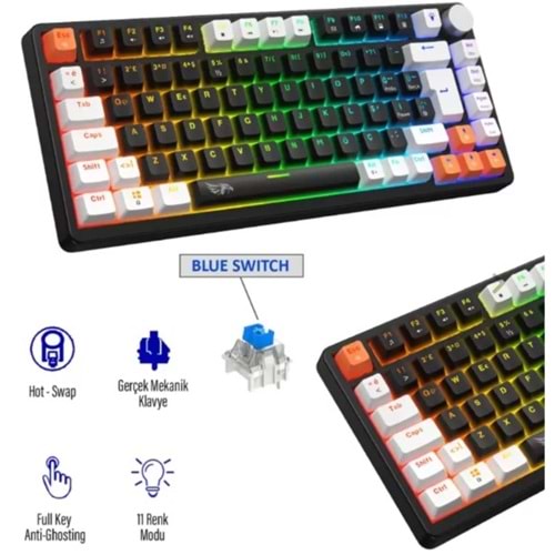 Strike Compact MK-82X2BAB Mekanik Işıklı Gamer Klavye Blue Switch Siyah tuş siyah çerçeve