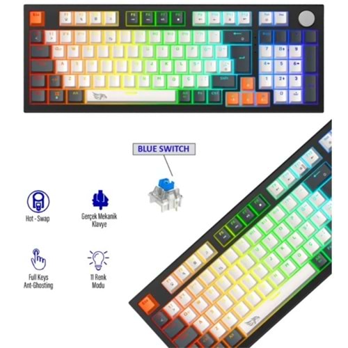 Strike Plus MK-96X2ABR Mekanik Işıklı Gamer Klavye Red Switch Beyaz Tuş siyah çerçeve