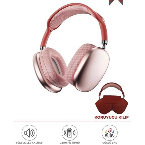 P9 Pro Max Pembe Kablosuz 5.0 Mikrofonlu Sd Kart Girişli Aux Kablolu Bluetooth Kulaklık Pembe