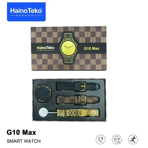 HAİNOTEKO G10 MAX AKILLI SAAT GOLD METAL + SİYAH SİLİKON + KAHVE DERİ GÖRÜNÜMLÜ KORDON