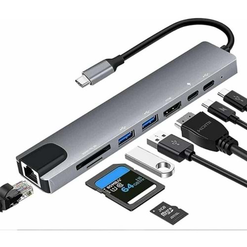 8 İN 1 TYPE-C HDTV SD KART USB 3.0 ETHERNET TYPE C DÖNÜŞTÜRÜCÜ