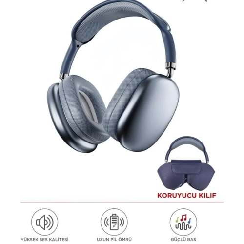 P9 Pro Max Mavi Kablosuz 5.0 Mikrofonlu Sd Kart Girişli Aux Kablolu Bluetooth Kulaklık