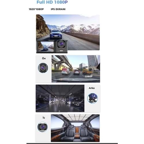 Ta-01 Siyah 1080P Araç Içi 3 Kameralı LCD Ekranlı Gece Görüşlü , G-Sensör , Geri Görüş Kameralı Yol Kayıt Araç Kamerası