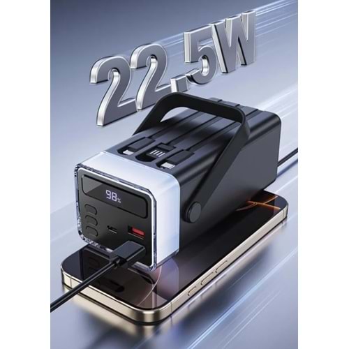 TRM-1041 Siyah 40000 mAh Type-C Lightning 22,5 W Hızlı Şarj RGB Led Işıklı Powerbank