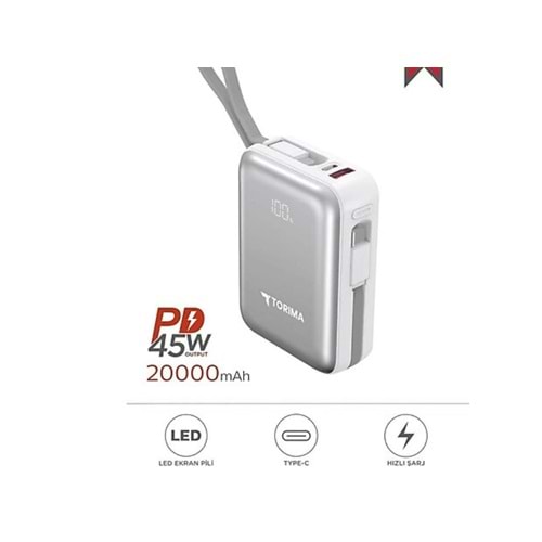 TRM-1028 Beyaz 20000 Mah Type-C Giriş + Lightning + USB Taşınabilir 45 W Hızlı Şarj Dijital Göstergeli Powerbank
