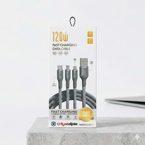 3in1 120W USB ŞARJ DATA KABLO TYPE C LIGHTING MICRO TELEFON ŞARJ KABLOSU 1.2 METRE
