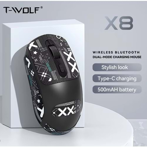 T-WOLF X8 KABLOSUZ + BLUETOOTH ŞARJLI SİYAH MOUSE ( STİCKERLI)