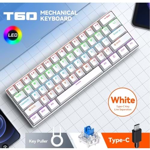 T-WOLF T60 BLUE SWİTCH MEKANİK RGB IŞIKLI TYPE C USB KABLOLU TÜRKÇE KLAVYE