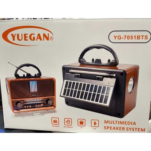 YUEGAN YG-7051BTS GÜNEŞ PANELLİ BLUETOOTH+SD TF KART+ USB+ FM RADYO+FENER ÖZELLİKLİ ŞARJLI HOPARLÖR
