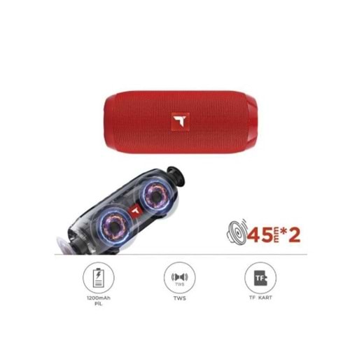 D47 Kırmızı Bluetooth Hoparlör Kablosuz Taşınabilir Ses Bombası TWS, USB, TF Kart, 1200 mah