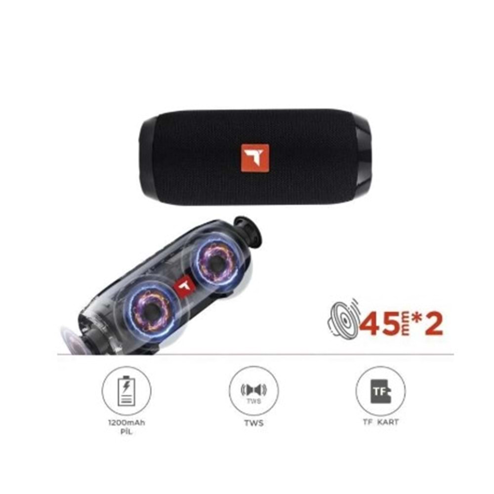 D47 Siyah Bluetooth Hoparlör Kablosuz Taşınabilir Ses Bombası TWS, USB, TF Kart, 1200 mah