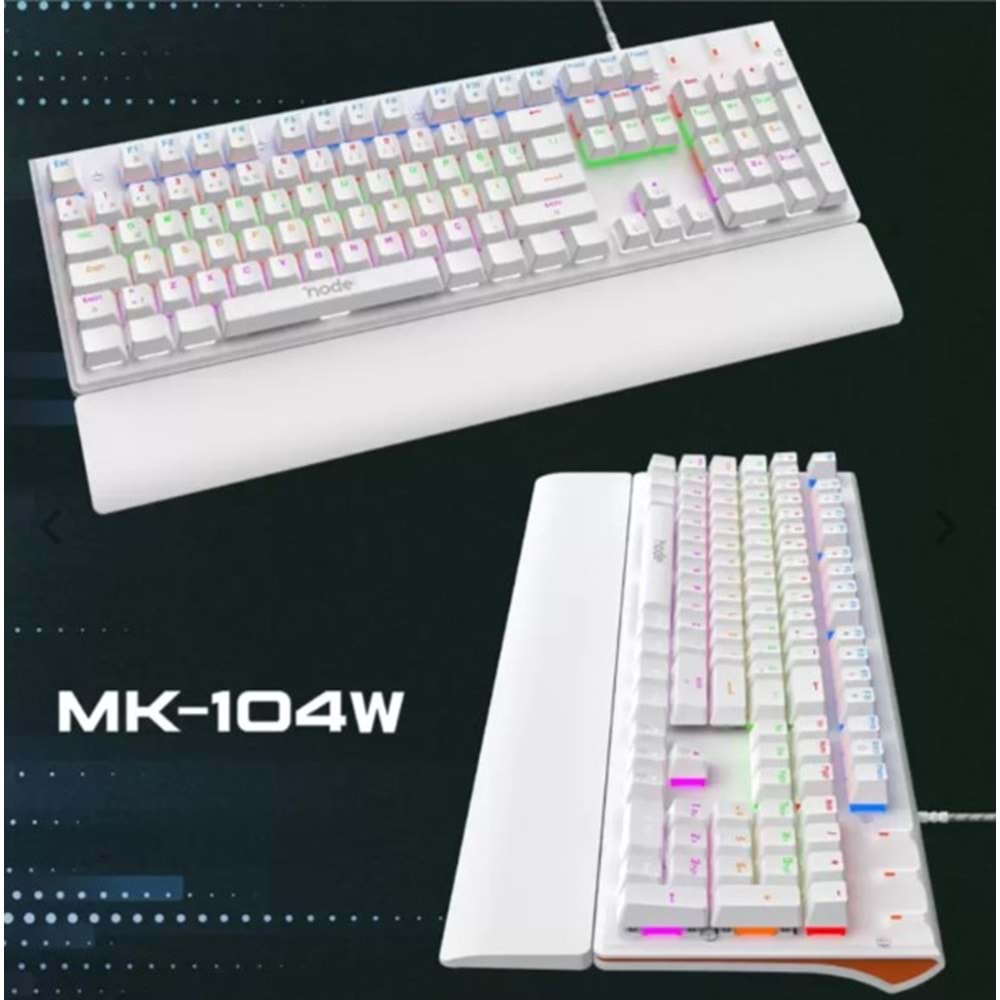 Node Game Nova BEYAZ ND-MK-104WB Rainbow Aydınlatmalı Oyuncu Gamer Gerçek Mekanik Işıklı Klavye Türkçe Q (Blue Switch)