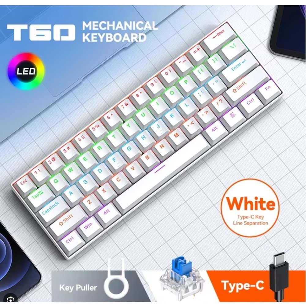 T-WOLF T60 BLUE SWİTCH MEKANİK RGB IŞIKLI TYPE C USB KABLOLU TÜRKÇE KLAVYE